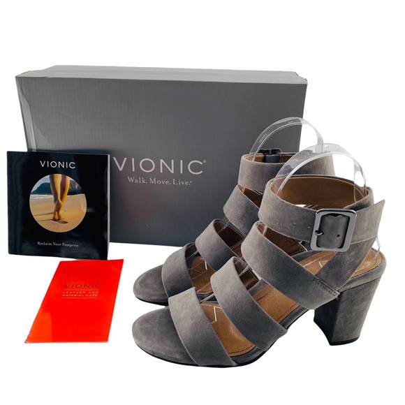NEW Vionic Blaire Gray Suede Leather Peep Toe Block Heel Sandals - Picture 13 of 13